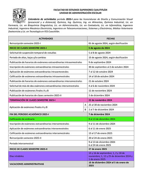 Calendario escolar 2025 1 fes cuautitlan